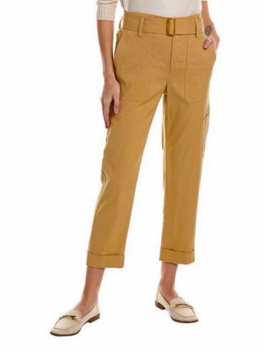 VINCE Belted Linen Blend Pants -Caramel